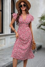 Floral Print V Neck Frill Casual Dress - Image 3
