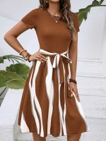 Striped Print Tie Waist Splicing Dress, Versatile Short Sleeve Dress For Spring & Summer, Women's Clothing For Elegant Dressing - Image 10