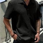 Men's Casual Short Sleeve Black Shirt, Solid Textured Button-Up Classic Lapel Shirt, Summer Fashion Hawaiian Shirt - Image 7