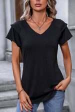 V Neck Ruffle Sleeve Solid Casual Tops - Image 2