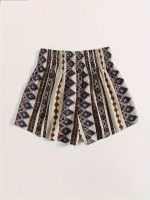 Geo Print Shirred Waist Shorts, Vacation Loose Beach Shorts For Spring & Summer, Women's Clothing - Image 4