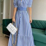 Elegant Striped Lace Up Long Dress, Short Sleeve V-neck Swing Belt Summer Long Dresses, Women's Clothing - Image 2