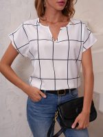 Plaid Print V Neck Blouse, Short Sleeve Casual Blouse For Spring & Summer, Women's Clothing - Image 3
