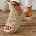 Women's Platform Slide Sandals, Comfortable White Platform Perforated Design, Summer Breathable Wedge Footwear - Image 13