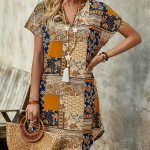 Patchwork Print Curvy Hem Dress, Vacation Short Sleeve Notched Neck Dress, Women's Clothing - Image 2