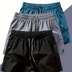 Men's Three-piece Set Of Solid Color Shorts With Drawstring And Pockets, Casual And Comfy Shorts For Summer Fitness And Outdoors Activities