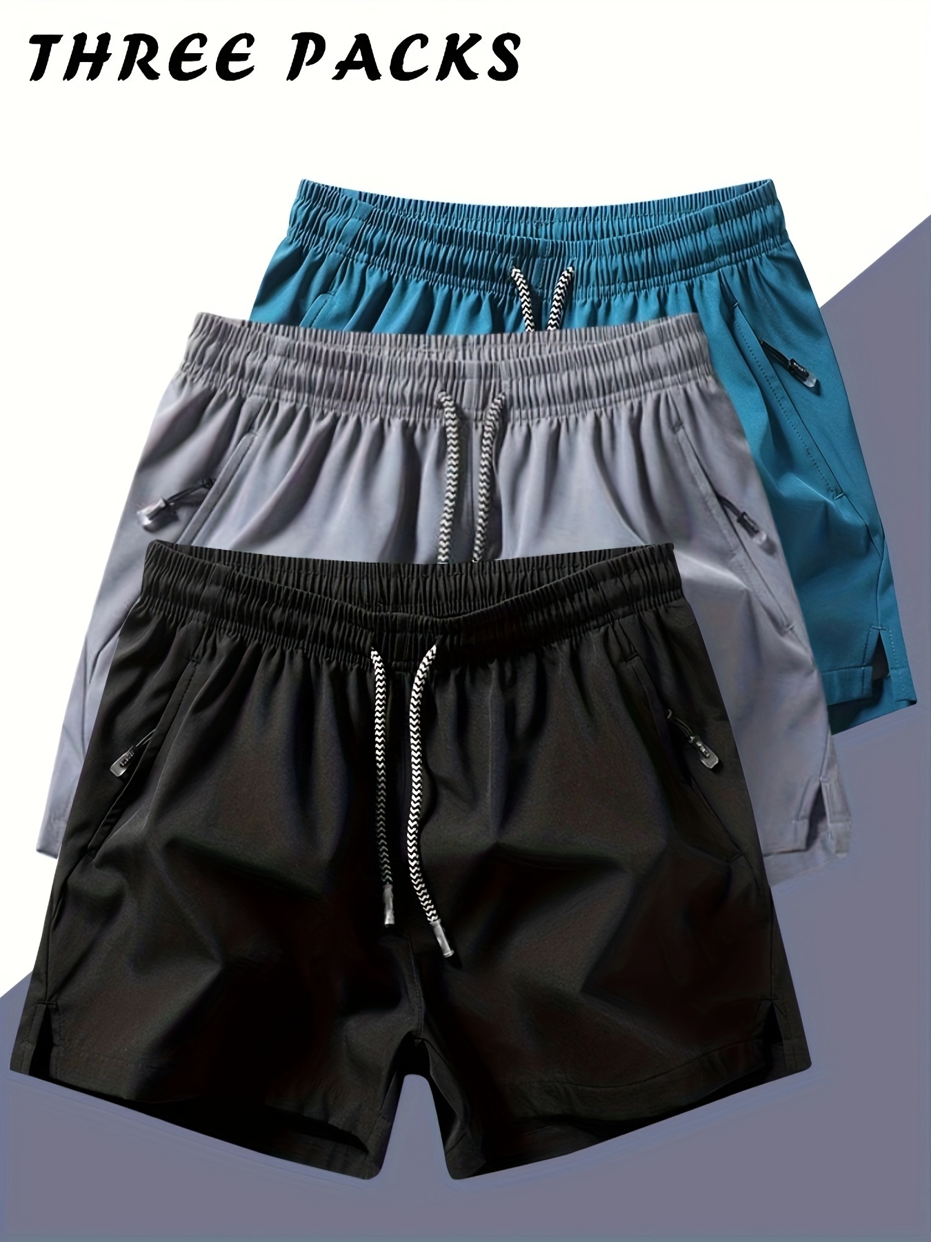 6e071c69-388b-4e2d-9647-b87044e5884e.jpg Men's Three-piece Set Of Solid Color Shorts With Drawstring And Pockets, Casual And Comfy Shorts For Summer Fitness And Outdoors Activities - Image 1