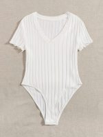 Solid V Neck Rib Knit Bodysuit, Casual Short Sleeve Basic Bodysuit, Women's Clothing - Image 9