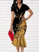 Graphic Print V-neck Dress, Elegant Ruffle Trim Bodycon Dress For Spring & Summer, Women's Clothing