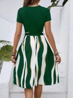Striped Crew Neck Dress, Elegant Short Sleeve Belted A-line Dress For Spring & Summer, Women's Clothing - Image 5