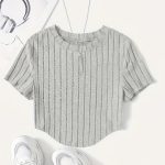 Solid Ribbed Crop T-Shirt, Casual Crew Neck Short Sleeve Top, Women's Clothing - Image 2