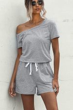 Skew Neck Drawstring Waist Casual Rompers - Image 4