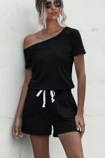 Skew Neck Drawstring Waist Black Rompers - Image 2