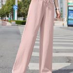 Minimalist Solid Drawstring Pants, Casual Long Length Elastic Waist Wide Leg Pants, Women's Clothing - Image 3
