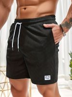 Men's Label Patchwork Regular Fit Solid Shorts With Drawstring And Pockets, Casual And Chic Shorts For Summer Beach And Daily Leisurewear