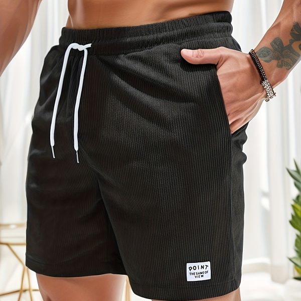 Men's Label Patchwork Regular Fit Solid Shorts With Drawstring And Pockets, Casual And Chic Shorts For Summer Beach And Daily Leisurewear