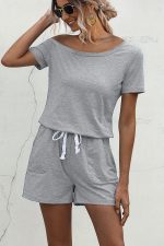 Skew Neck Drawstring Waist Casual Rompers - Image 2