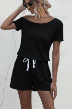 Skew Neck Drawstring Waist Black Rompers - Image 3
