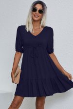 V Neck Drawstring Waist Solid Casual Mini Dress - Image 2