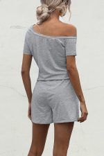 Skew Neck Drawstring Waist Casual Rompers - Image 5