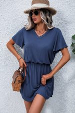 Solid Color V Neck Short Sleeve Casual Mini Dress - Image 3