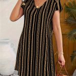 Striped V-neck Dress, Vacation Style Short Sleeve Shift Dress For Spring & Summer, Women's Clothing