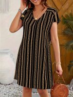 Striped V-neck Dress, Vacation Style Short Sleeve Shift Dress For Spring & Summer, Women's Clothing