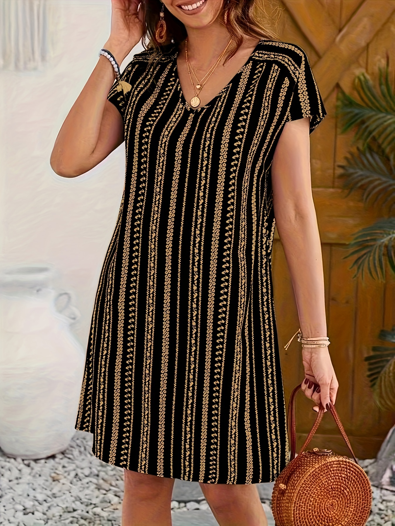 7510c0b4-b451-4a70-a4f3-7a9abf6c1513-1.jpg Striped V-neck Dress, Vacation Style Short Sleeve Shift Dress For Spring & Summer, Women's Clothing - Image 1