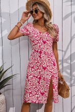 Floral Print V Neck Short Sleeve Casual Dress - Image 2