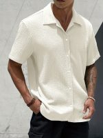 Men's Casual Short Sleeve Black Shirt, Solid Textured Button-Up Classic Lapel Shirt, Summer Fashion Hawaiian Shirt