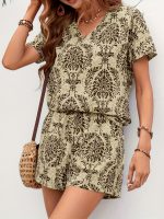 Casual Allover Print Two-piece Set, Short Sleeve V Neck Top & Shorts Outfits, Women's Clothing - Image 2