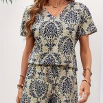 Elegant Ethnic Print Two Pieces, V Neck Short Sleeve Top & High Waist Shorts Outfits, Women's Clothing - Image 2