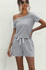 Skew Neck Drawstring Waist Casual Rompers - Image 6