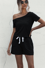 Skew Neck Drawstring Waist Black Rompers - Image 5