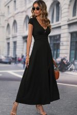 Deep V Neck Short Sleeve Solid Long Dress - Image 3