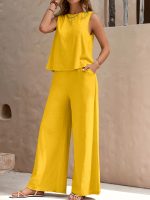 Solid Elegant Two-piece Set, Sleeveless Tank Top & Wide Leg Loose Pants Outfits, Women's Clothing