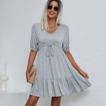 V Neck Drawstring Waist Solid Casual Mini Dress - Image 5