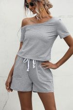 Skew Neck Drawstring Waist Casual Rompers - Image 7