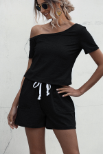Skew Neck Drawstring Waist Black Rompers - Image 6