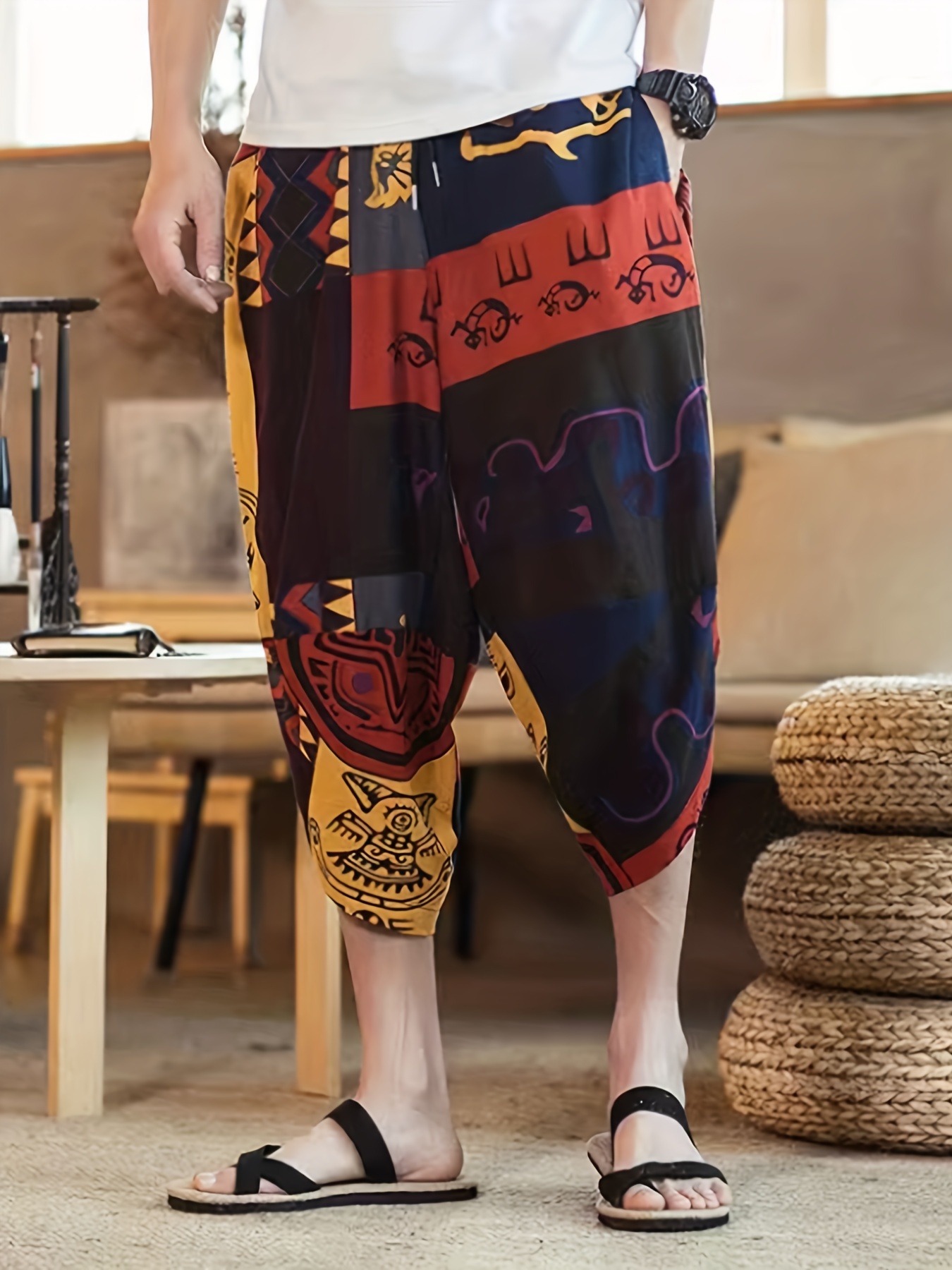7867ce772c8aedf46d5ba093ffa208b8.jpg Ethnic Style Breathable Harem Pants, Men's Casual Cotton Wide Leg Baggy Capri Pants For Spring Summer - Image 1