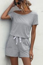 Skew Neck Drawstring Waist Casual Rompers - Image 3