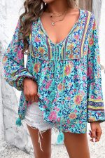 Bohemian Floral Print V Neck Casual Tops - Image 4