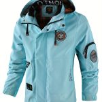 Multiple Pocket Design Men's Embroidery Long Sleeve Zip Up Drawstring Hooded Jacket, Men's Stand Collar Thin Jacket For Spring Outdoor