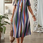 Stripe Print Short Sleeve Dress, Casual Notch Neck Loose Dress For Spring & Summer, Women's Clothing - Image 3