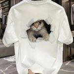 Cat Print Crew Neck T-shirt, Short Sleeve Casual Top For Spring & Summer, Women's Clothing - Image 2
