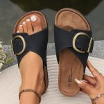 Women's Buckle Strap Design Cork Slides, Stylish Open Toe Flat Summer Shoes, Comfy Outdoor Slide Sandals - Image 5