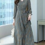Floral Pattern Midi Dress, Vintage V Neck Long Sleeve Dress, Women's Clothing