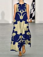 Graphic Print V Neck Maxi Dress, Boho Sleeveless Tank Dress For Spring & Summer, Women's Clothing