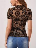 Vintage Floral Print Slim T-shirt, Vintage Short Sleeve Mock Neck Top For Spring & Summer, Women's Clothing - Image 3