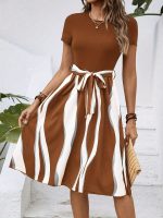 Striped Print Tie Waist Splicing Dress, Versatile Short Sleeve Dress For Spring & Summer, Women's Clothing For Elegant Dressing - Image 9